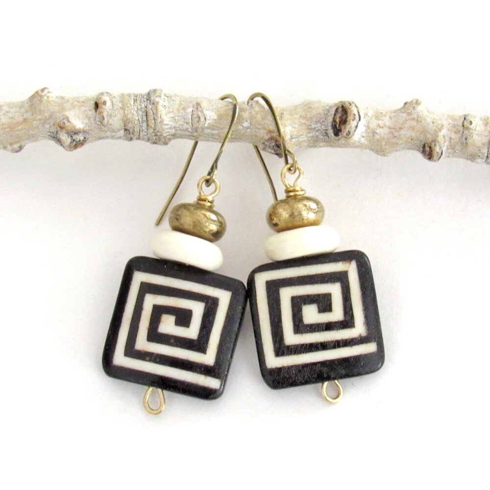 Handmade African Batik Bone Earrings with Greek Key Pattern - Ethnic Boho Style